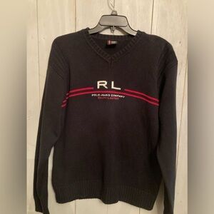 Polo Ralph Lauren RL Jeans Company Logo Men's Large V‎ Neck Sweater Cotton Black